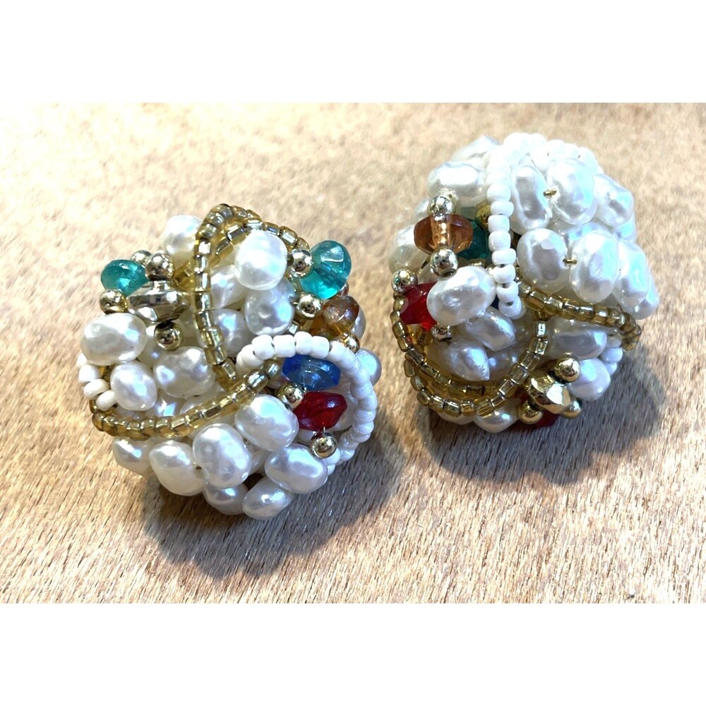 Vintage Cluster Bead Earrings Faux Pearls Pierced